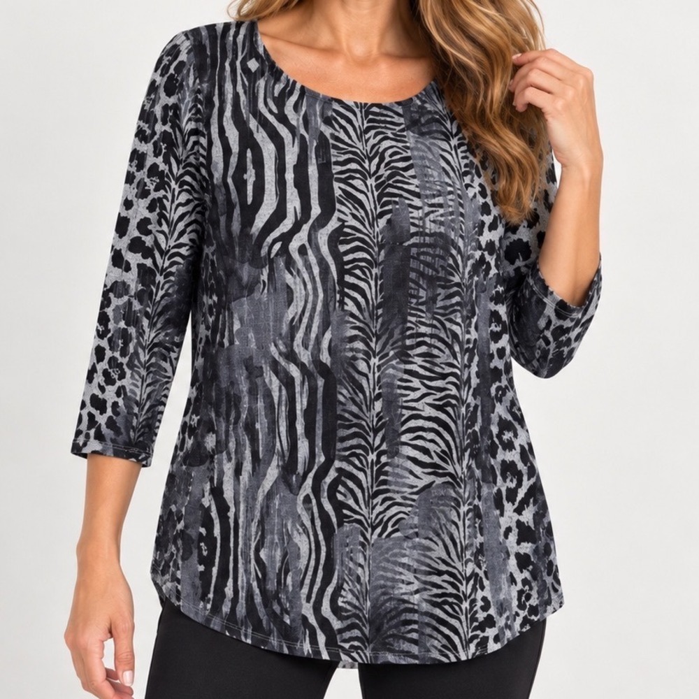 Leo & Nicole Animal Print Tunic Top L Zebra Leopard 3/4 Sleeve Artsy Boho